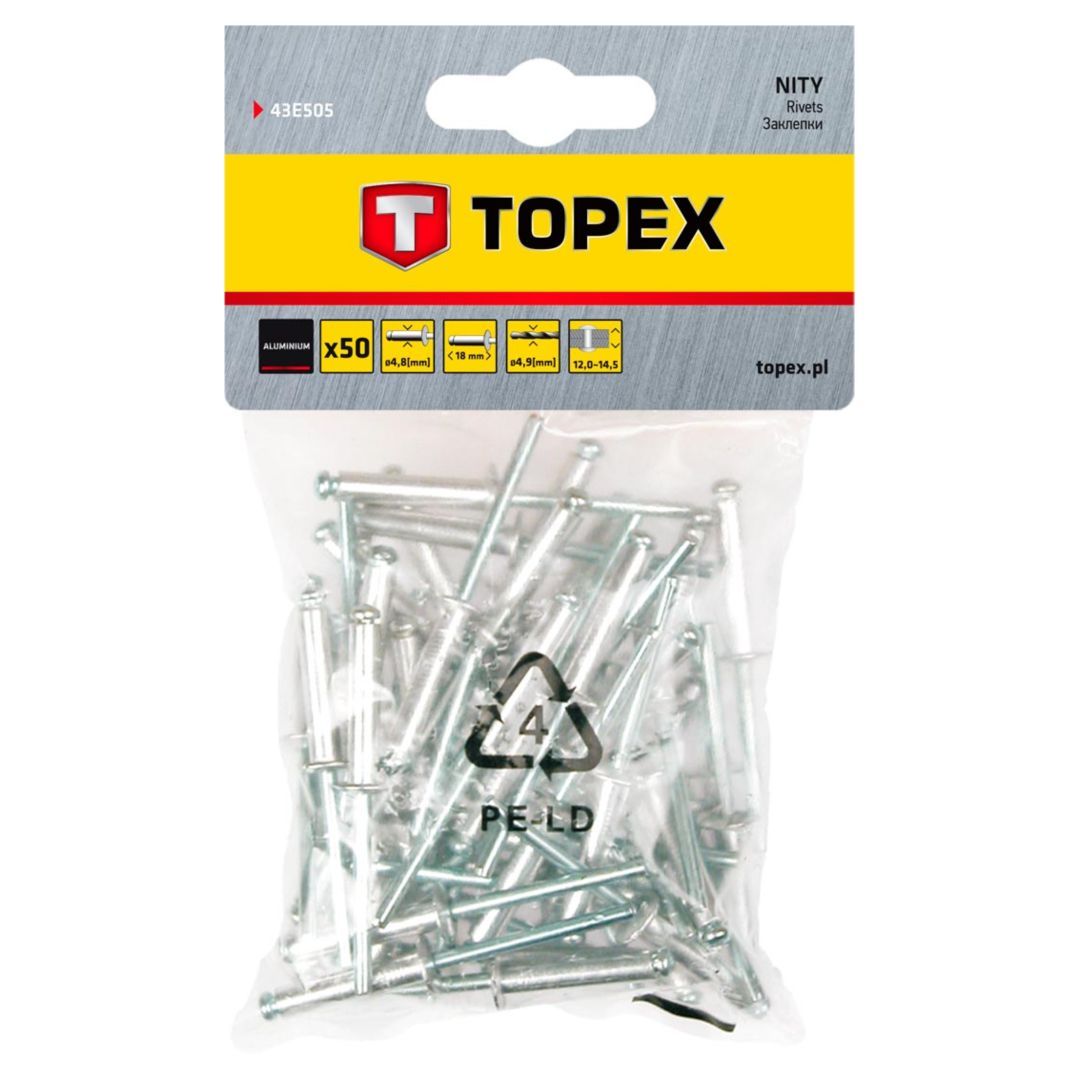 Set de nituri din aluminiu, 4.8 x 18 mm, 50 de bucati, Topex 43E505